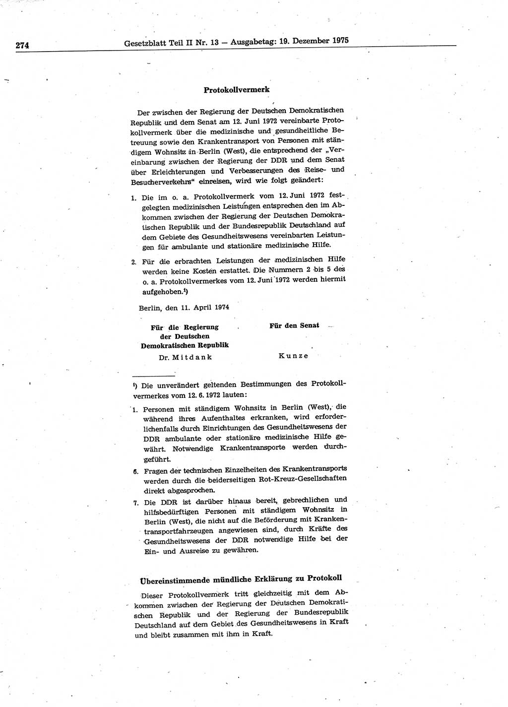 Gesetzblatt (GBl.) der Deutschen Demokratischen Republik (DDR) Teil ⅠⅠ 1975, Seite 274 (GBl. DDR ⅠⅠ 1975, S. 274)