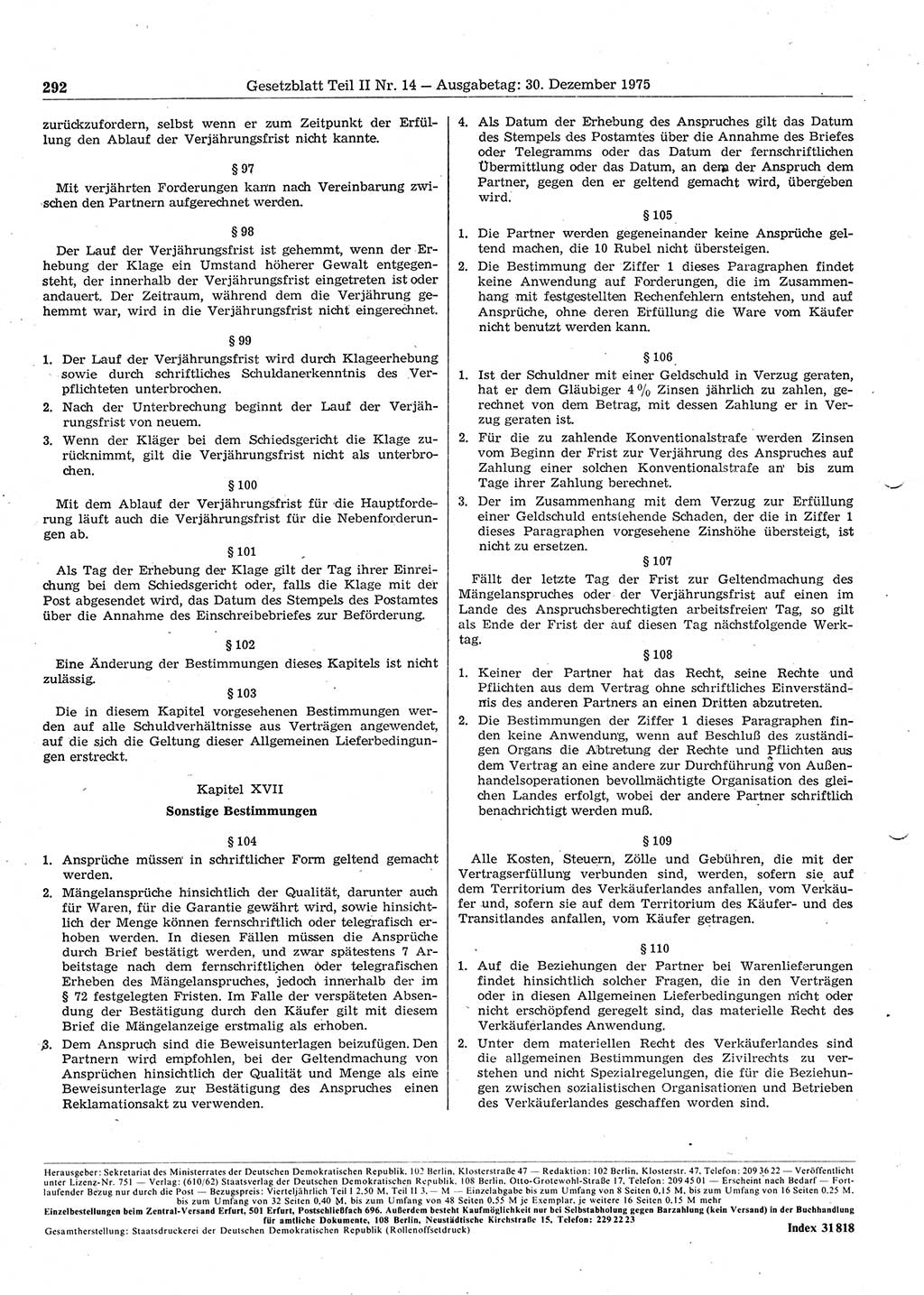 Gesetzblatt (GBl.) der Deutschen Demokratischen Republik (DDR) Teil ⅠⅠ 1975, Seite 292 (GBl. DDR ⅠⅠ 1975, S. 292)