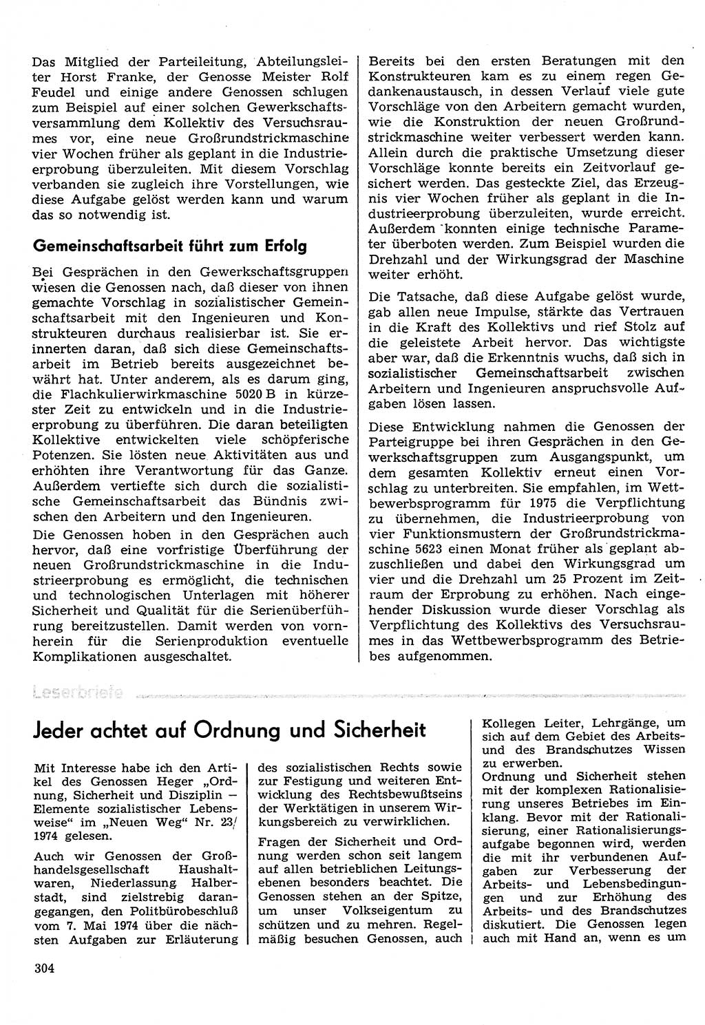 Neuer Weg (NW), Organ des Zentralkomitees (ZK) der SED (Sozialistische Einheitspartei Deutschlands) für Fragen des Parteilebens, 30. Jahrgang [Deutsche Demokratische Republik (DDR)] 1975, Seite 304 (NW ZK SED DDR 1975, S. 304)