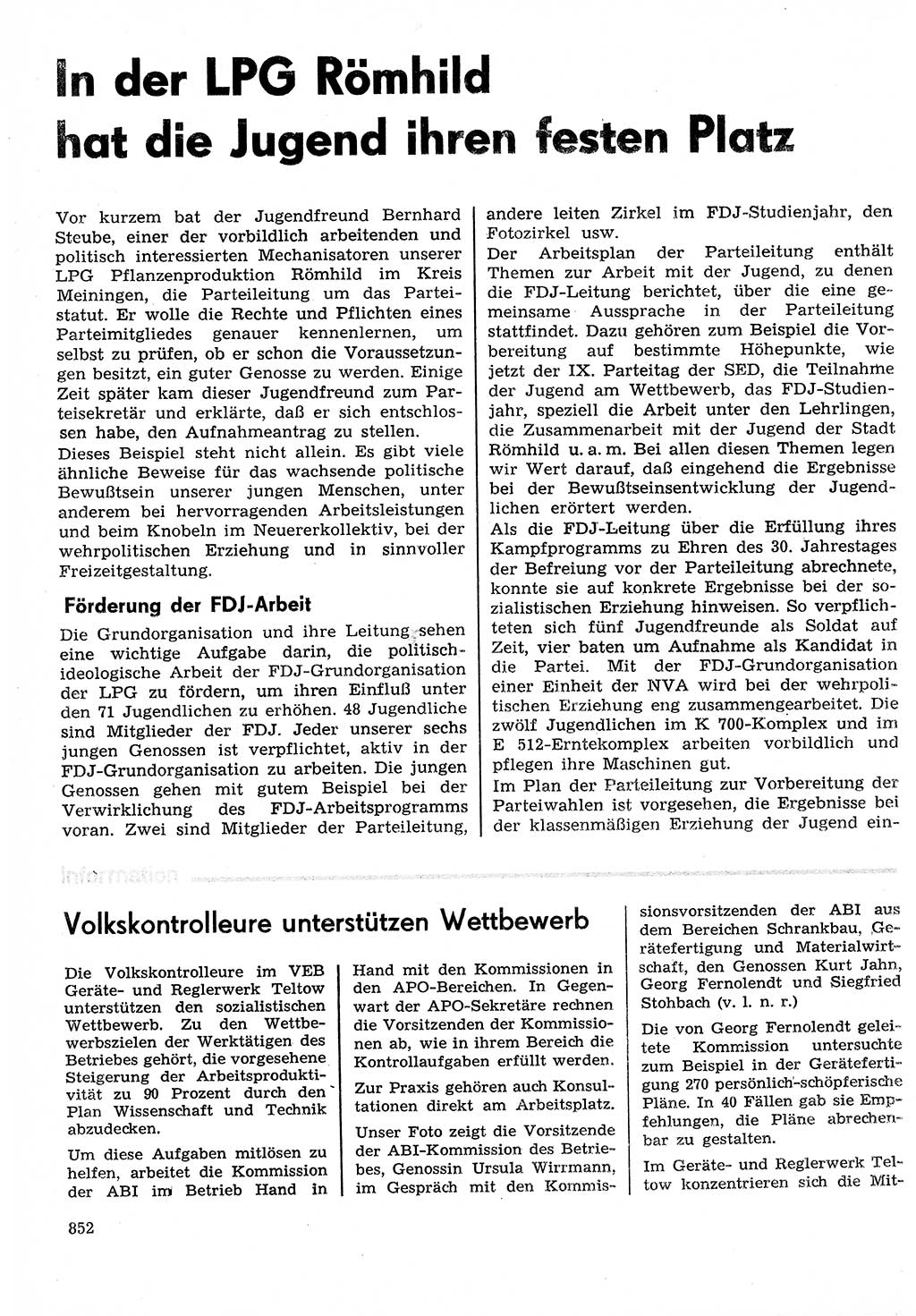 Neuer Weg (NW), Organ des Zentralkomitees (ZK) der SED (Sozialistische Einheitspartei Deutschlands) für Fragen des Parteilebens, 30. Jahrgang [Deutsche Demokratische Republik (DDR)] 1975, Seite 852 (NW ZK SED DDR 1975, S. 852)