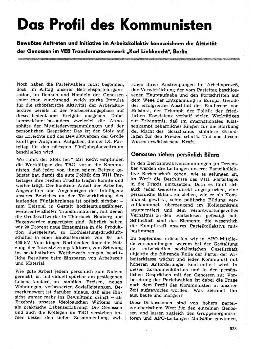 Neuer Weg (NW), Organ des Zentralkomitees (ZK) der SED (Sozialistische Einheitspartei Deutschlands) für Fragen des Parteilebens, 30. Jahrgang [Deutsche Demokratische Republik (DDR)] 1975, Seite 923 (NW ZK SED DDR 1975, S. 923)