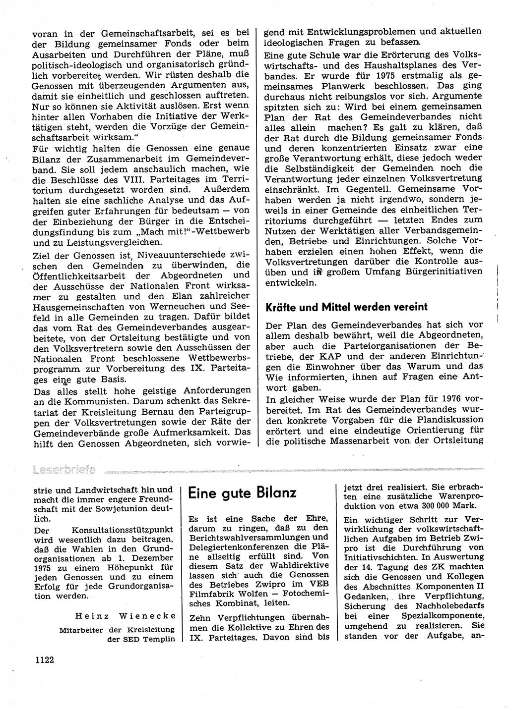 Neuer Weg (NW), Organ des Zentralkomitees (ZK) der SED (Sozialistische Einheitspartei Deutschlands) für Fragen des Parteilebens, 30. Jahrgang [Deutsche Demokratische Republik (DDR)] 1975, Seite 1122 (NW ZK SED DDR 1975, S. 1122)