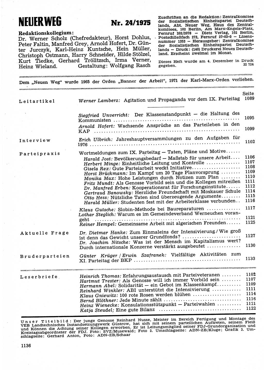 Neuer Weg (NW), Organ des Zentralkomitees (ZK) der SED (Sozialistische Einheitspartei Deutschlands) für Fragen des Parteilebens, 30. Jahrgang [Deutsche Demokratische Republik (DDR)] 1975, Seite 1136 (NW ZK SED DDR 1975, S. 1136)