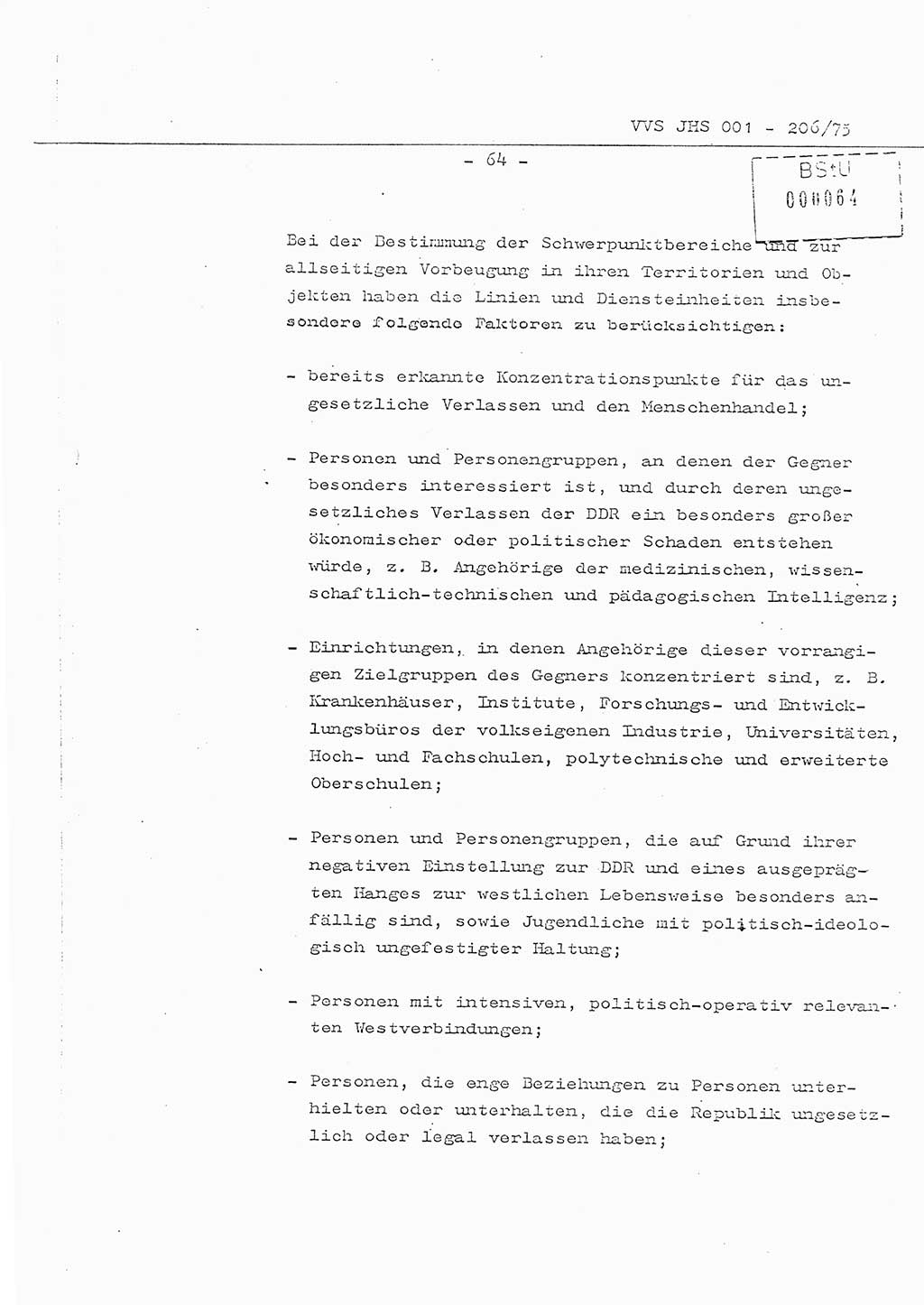 Organisierung der Vorbeugung, Aufklärung und Verhinderung des ungesetzlichen Verlassens der DDR und der Bekämpfung des staatsfeindlichen Menschenhandels, Schulungsmaterial, Ministerium für Staatssicherheit (MfS) [Deutsche Demokratische Republik (DDR)], Juristische Hochschule (JHS), Vertrauliche Verschlußsache (VVS) 001-206/75, Potsdam 1975, Seite 64 (Sch.-Mat. MfS DDR JHS VVS 001-206/75 1975, S. 64)