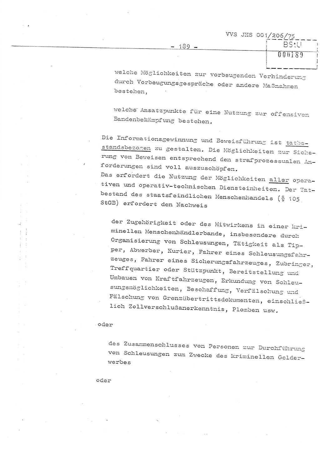 Organisierung der Vorbeugung, Aufklärung und Verhinderung des ungesetzlichen Verlassens der DDR und der Bekämpfung des staatsfeindlichen Menschenhandels, Schulungsmaterial, Ministerium für Staatssicherheit (MfS) [Deutsche Demokratische Republik (DDR)], Juristische Hochschule (JHS), Vertrauliche Verschlußsache (VVS) 001-206/75, Potsdam 1975, Seite 189 (Sch.-Mat. MfS DDR JHS VVS 001-206/75 1975, S. 189)