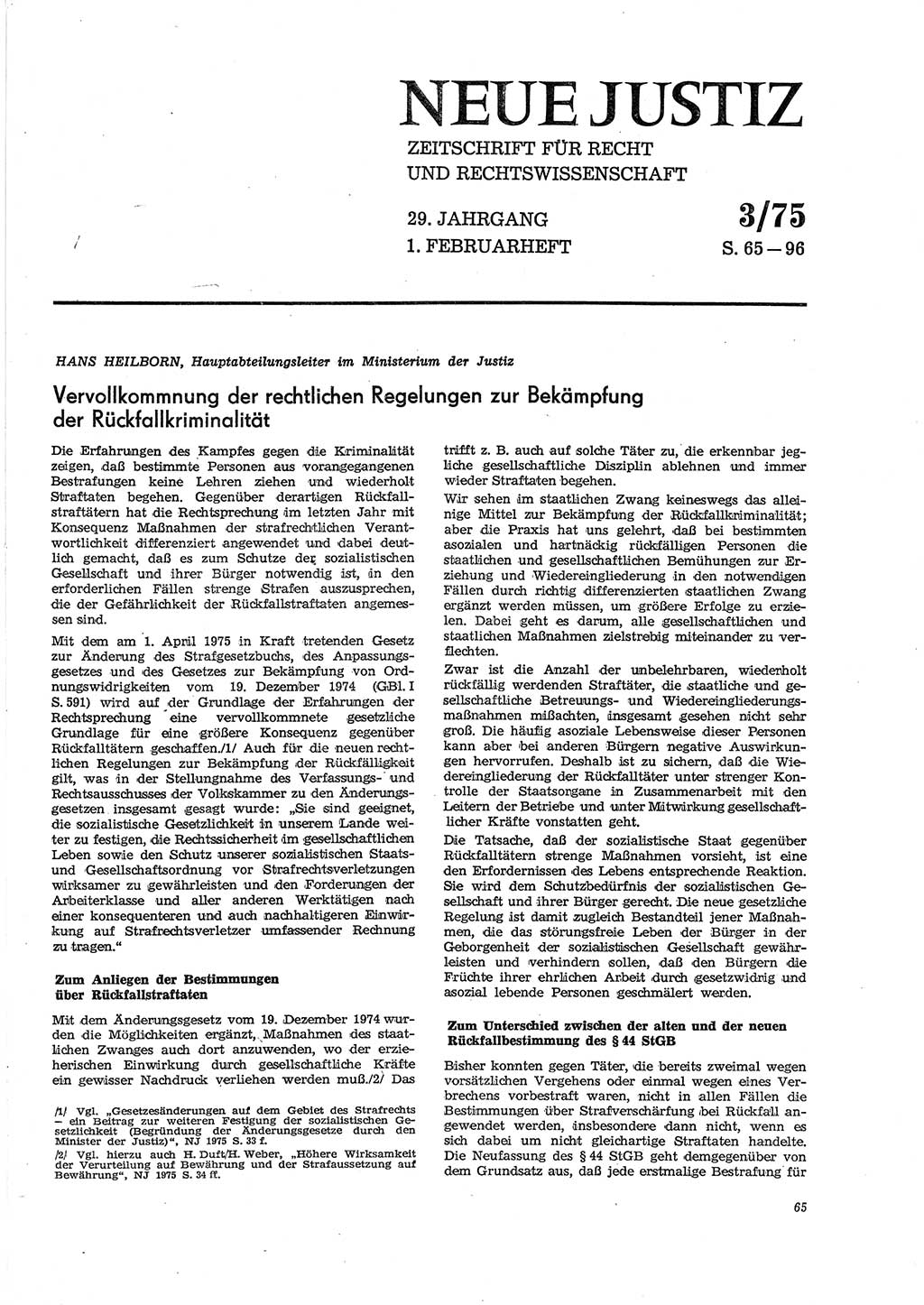 Neue Justiz (NJ), Zeitschrift für Recht und Rechtswissenschaft [Deutsche Demokratische Republik (DDR)], 29. Jahrgang 1975, Seite 65 (NJ DDR 1975, S. 65)