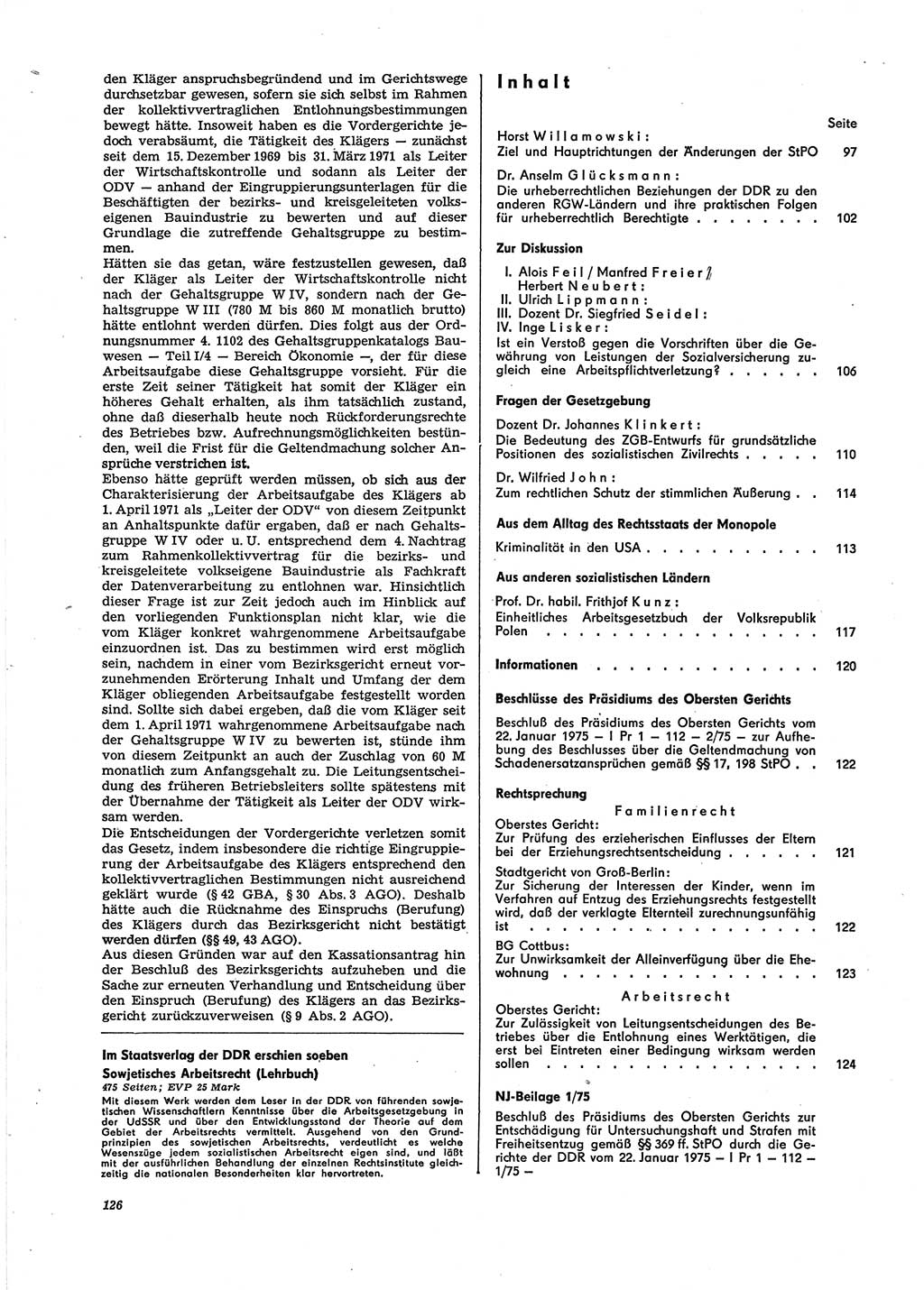 Neue Justiz (NJ), Zeitschrift für Recht und Rechtswissenschaft [Deutsche Demokratische Republik (DDR)], 29. Jahrgang 1975, Seite 126 (NJ DDR 1975, S. 126)