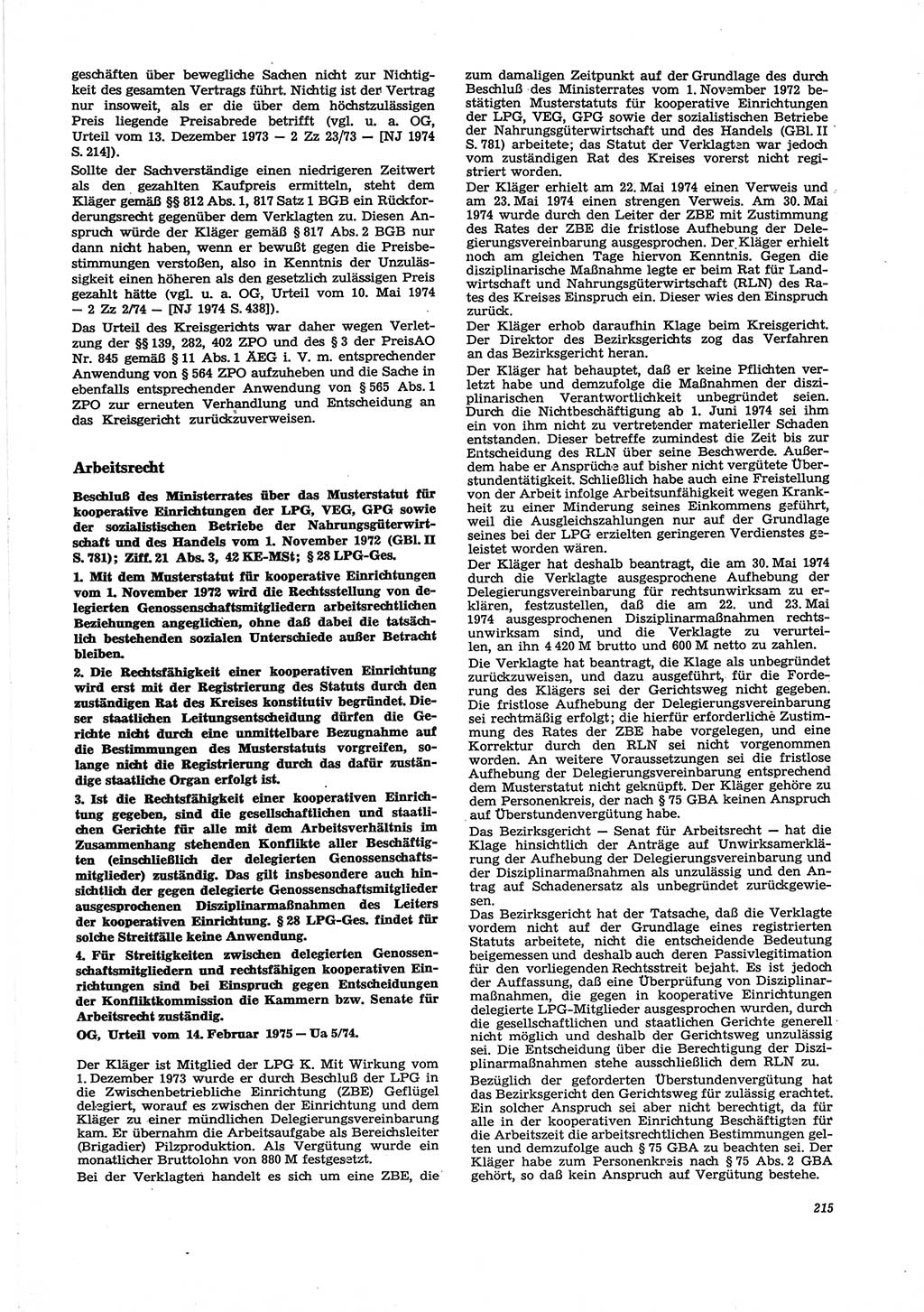 Neue Justiz (NJ), Zeitschrift für Recht und Rechtswissenschaft [Deutsche Demokratische Republik (DDR)], 29. Jahrgang 1975, Seite 215 (NJ DDR 1975, S. 215)