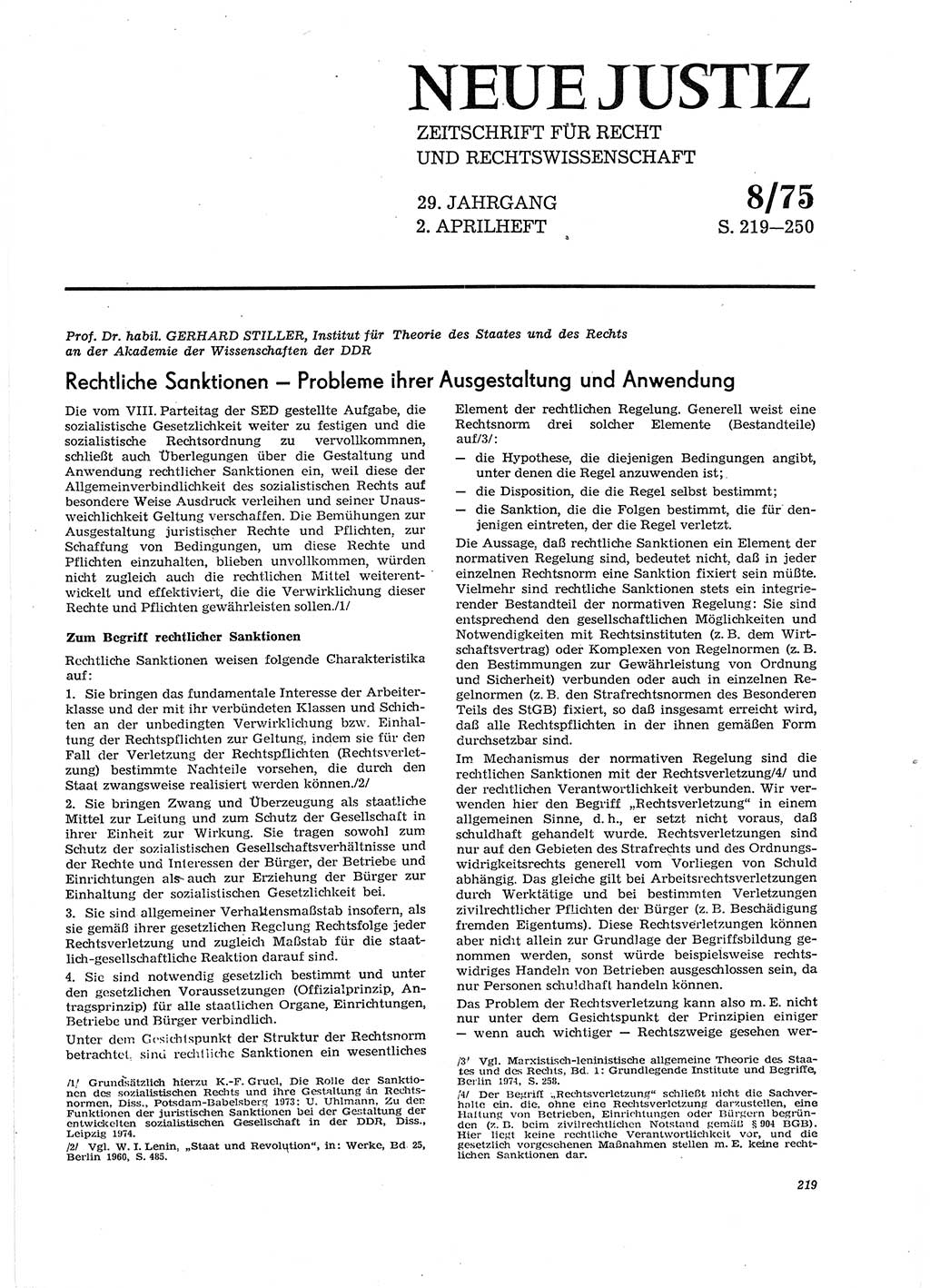 Neue Justiz (NJ), Zeitschrift für Recht und Rechtswissenschaft [Deutsche Demokratische Republik (DDR)], 29. Jahrgang 1975, Seite 219 (NJ DDR 1975, S. 219)