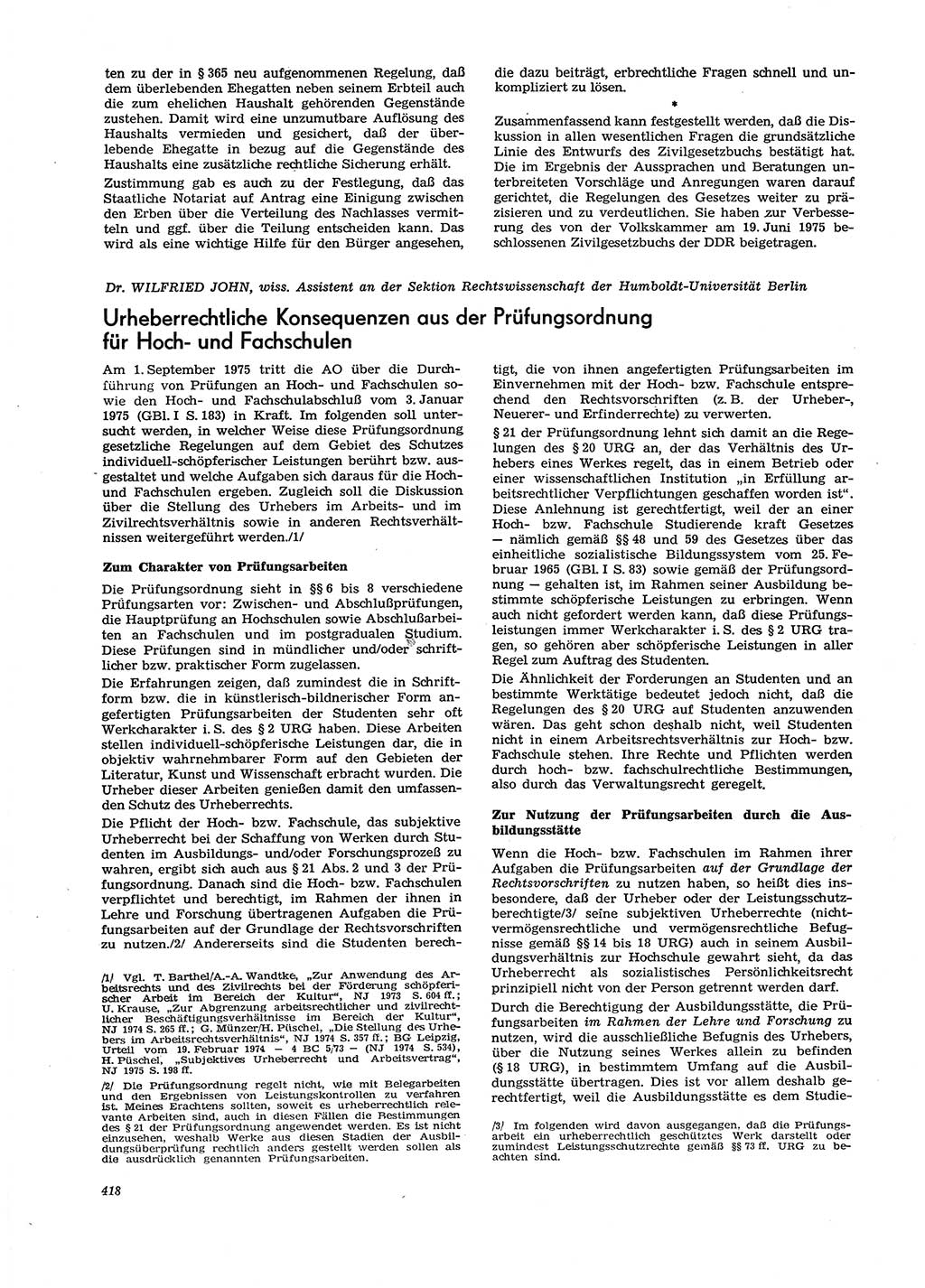 Neue Justiz (NJ), Zeitschrift für Recht und Rechtswissenschaft [Deutsche Demokratische Republik (DDR)], 29. Jahrgang 1975, Seite 418 (NJ DDR 1975, S. 418)