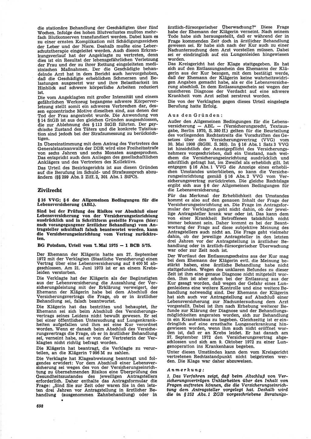 Neue Justiz (NJ), Zeitschrift für Recht und Rechtswissenschaft [Deutsche Demokratische Republik (DDR)], 29. Jahrgang 1975, Seite 698 (NJ DDR 1975, S. 698)
