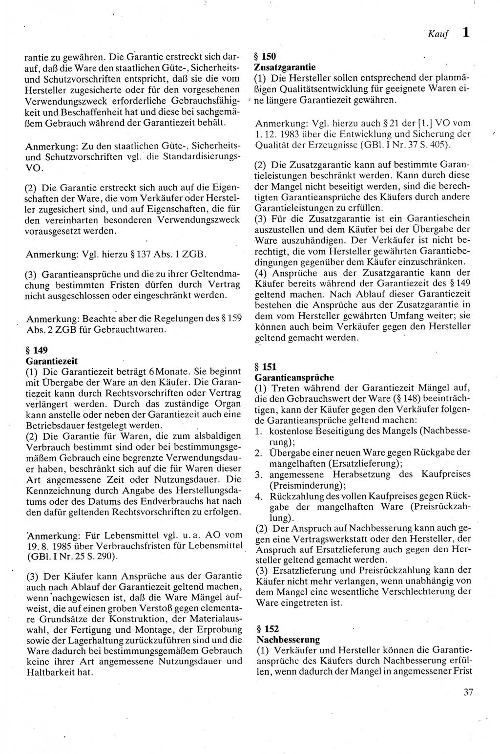 Zivilgesetzbuch (ZVG) sowie angrenzende Gesetze und Bestimmungen [Deutsche Demokratische Republik (DDR)] 1975, Seite 37 (ZGB Ges. Best. DDR 1975, S. 37)