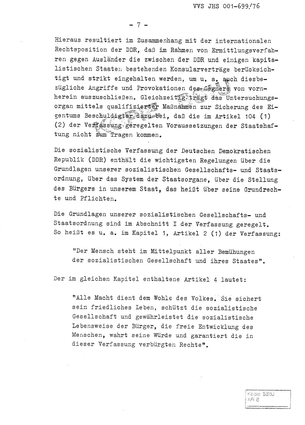 Fachschulabschlußarbeit Leutnant Volkmar Taubert (HA Ⅸ/9), Leutnant Axel Naumann (HA Ⅸ/9), Unterleutnat Detlef Debski (HA Ⅸ/9), Ministerium für Staatssicherheit (MfS) [Deutsche Demokratische Republik (DDR)], Juristische Hochschule (JHS), Vertrauliche Verschlußsache (VVS) 001-699/76, Potsdam 1976, Seite 7 (FS-Abschl.-Arb. MfS DDR JHS VVS 001-699/76 1976, S. 7)