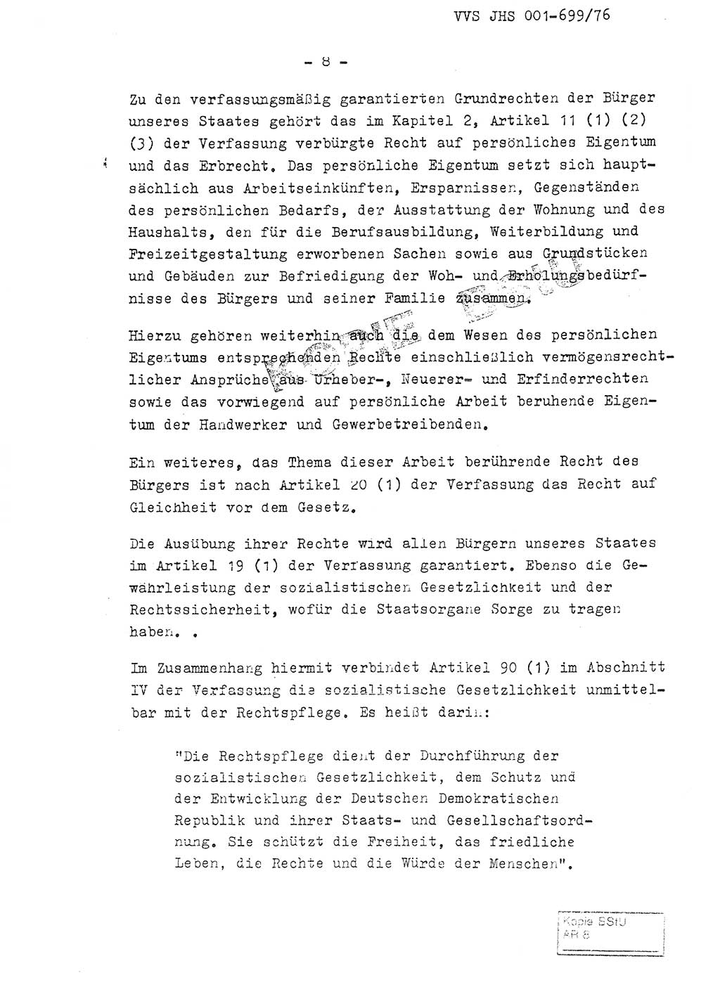 Fachschulabschlußarbeit Leutnant Volkmar Taubert (HA Ⅸ/9), Leutnant Axel Naumann (HA Ⅸ/9), Unterleutnat Detlef Debski (HA Ⅸ/9), Ministerium für Staatssicherheit (MfS) [Deutsche Demokratische Republik (DDR)], Juristische Hochschule (JHS), Vertrauliche Verschlußsache (VVS) 001-699/76, Potsdam 1976, Seite 8 (FS-Abschl.-Arb. MfS DDR JHS VVS 001-699/76 1976, S. 8)