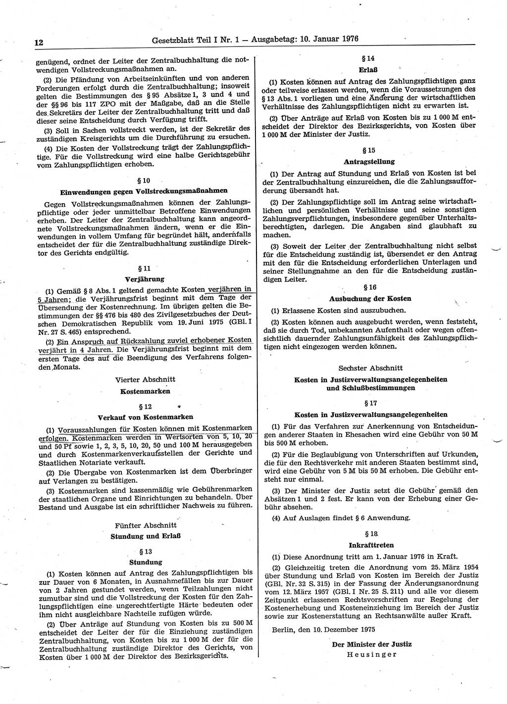 Gesetzblatt (GBl.) der Deutschen Demokratischen Republik (DDR) Teil Ⅰ 1976, Seite 12 (GBl. DDR Ⅰ 1976, S. 12)