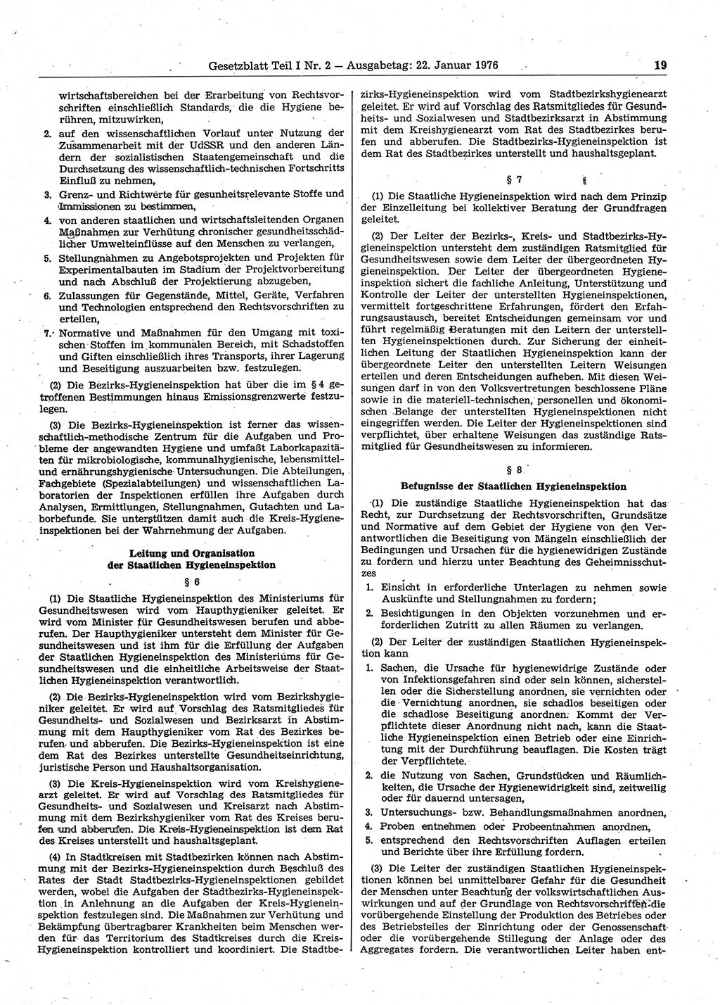 Gesetzblatt (GBl.) der Deutschen Demokratischen Republik (DDR) Teil Ⅰ 1976, Seite 19 (GBl. DDR Ⅰ 1976, S. 19)