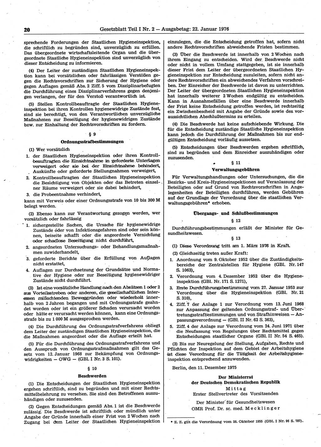 Gesetzblatt (GBl.) der Deutschen Demokratischen Republik (DDR) Teil Ⅰ 1976, Seite 20 (GBl. DDR Ⅰ 1976, S. 20)