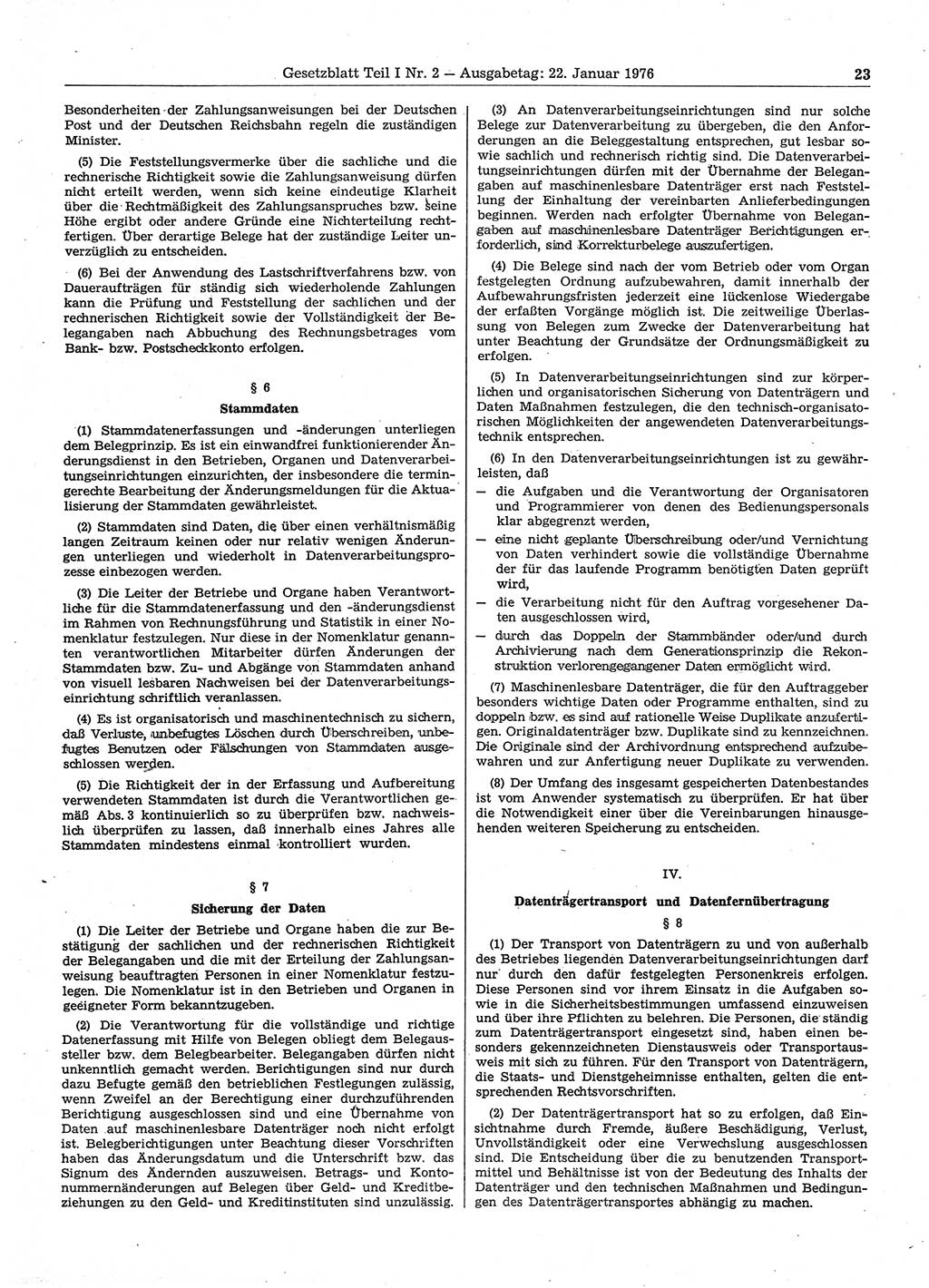 Gesetzblatt (GBl.) der Deutschen Demokratischen Republik (DDR) Teil Ⅰ 1976, Seite 23 (GBl. DDR Ⅰ 1976, S. 23)