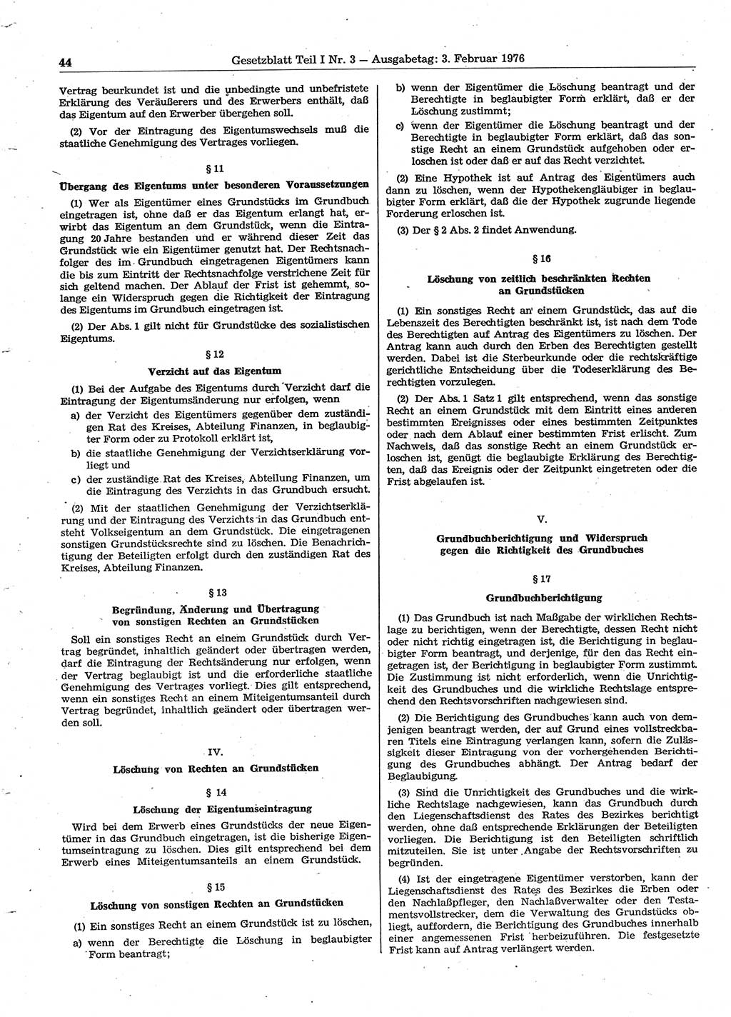 Gesetzblatt (GBl.) der Deutschen Demokratischen Republik (DDR) Teil Ⅰ 1976, Seite 44 (GBl. DDR Ⅰ 1976, S. 44)
