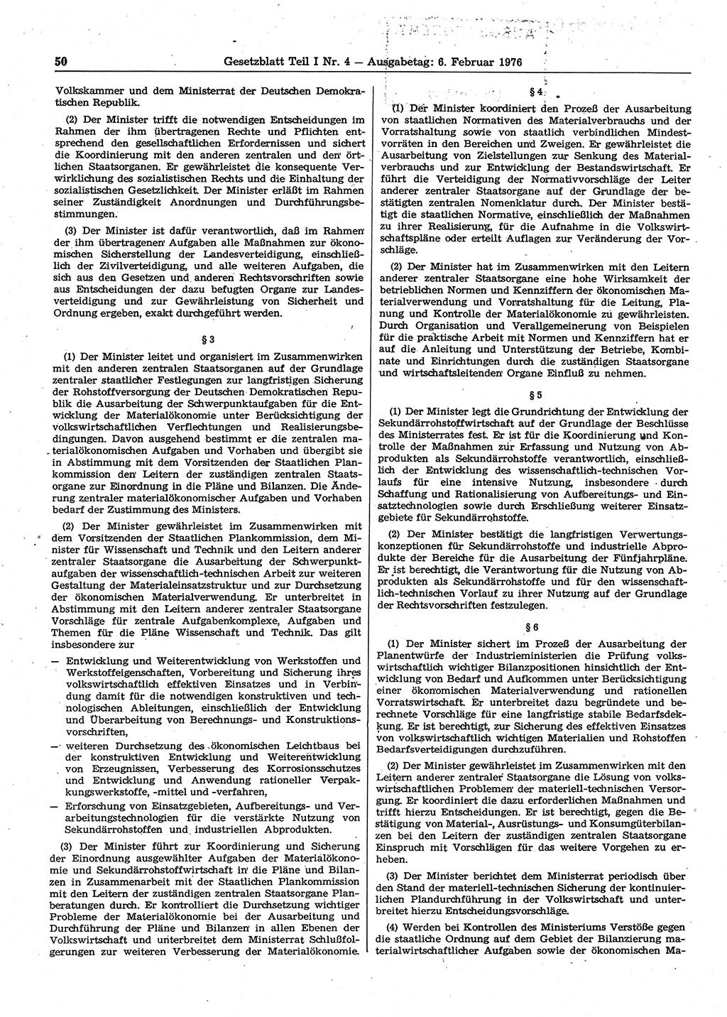 Gesetzblatt (GBl.) der Deutschen Demokratischen Republik (DDR) Teil Ⅰ 1976, Seite 50 (GBl. DDR Ⅰ 1976, S. 50)