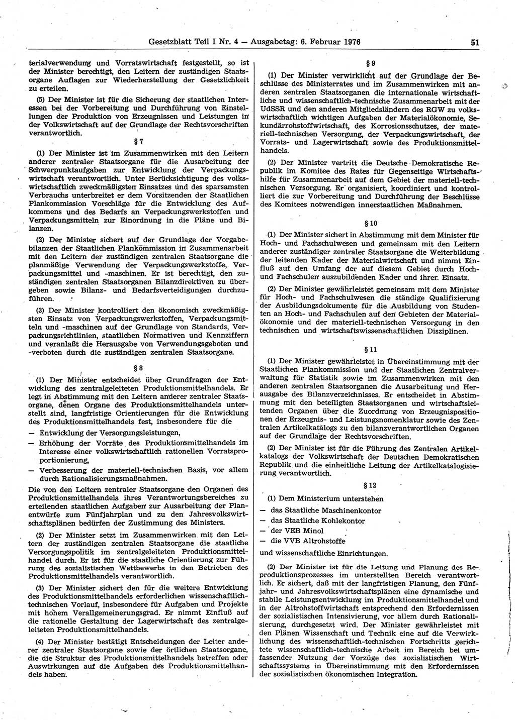 Gesetzblatt (GBl.) der Deutschen Demokratischen Republik (DDR) Teil Ⅰ 1976, Seite 51 (GBl. DDR Ⅰ 1976, S. 51)