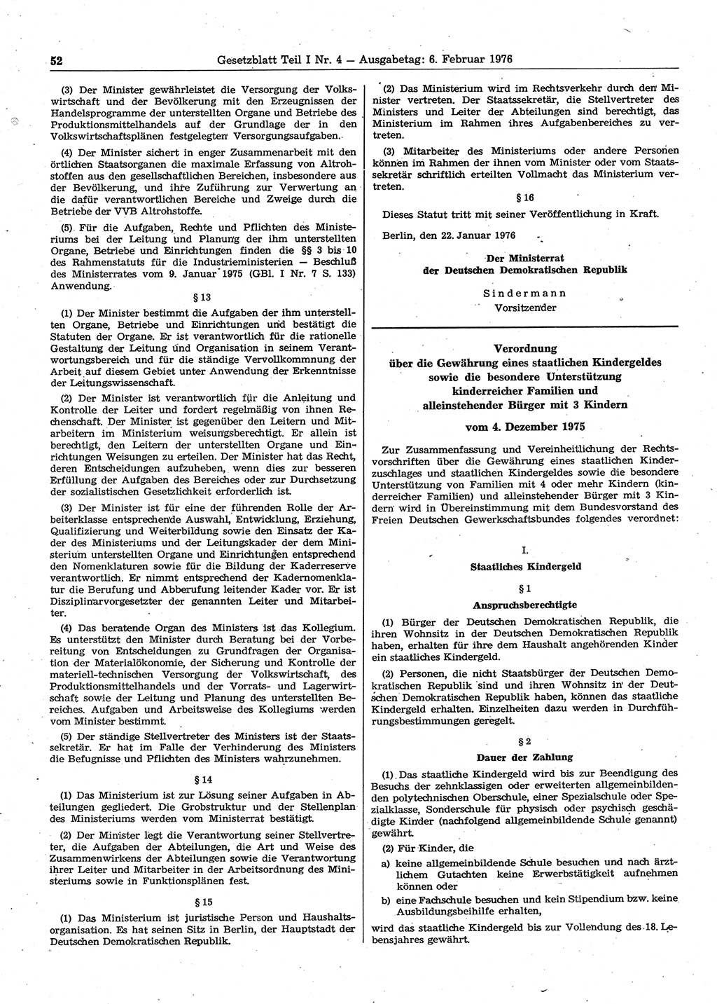 Gesetzblatt (GBl.) der Deutschen Demokratischen Republik (DDR) Teil Ⅰ 1976, Seite 52 (GBl. DDR Ⅰ 1976, S. 52)