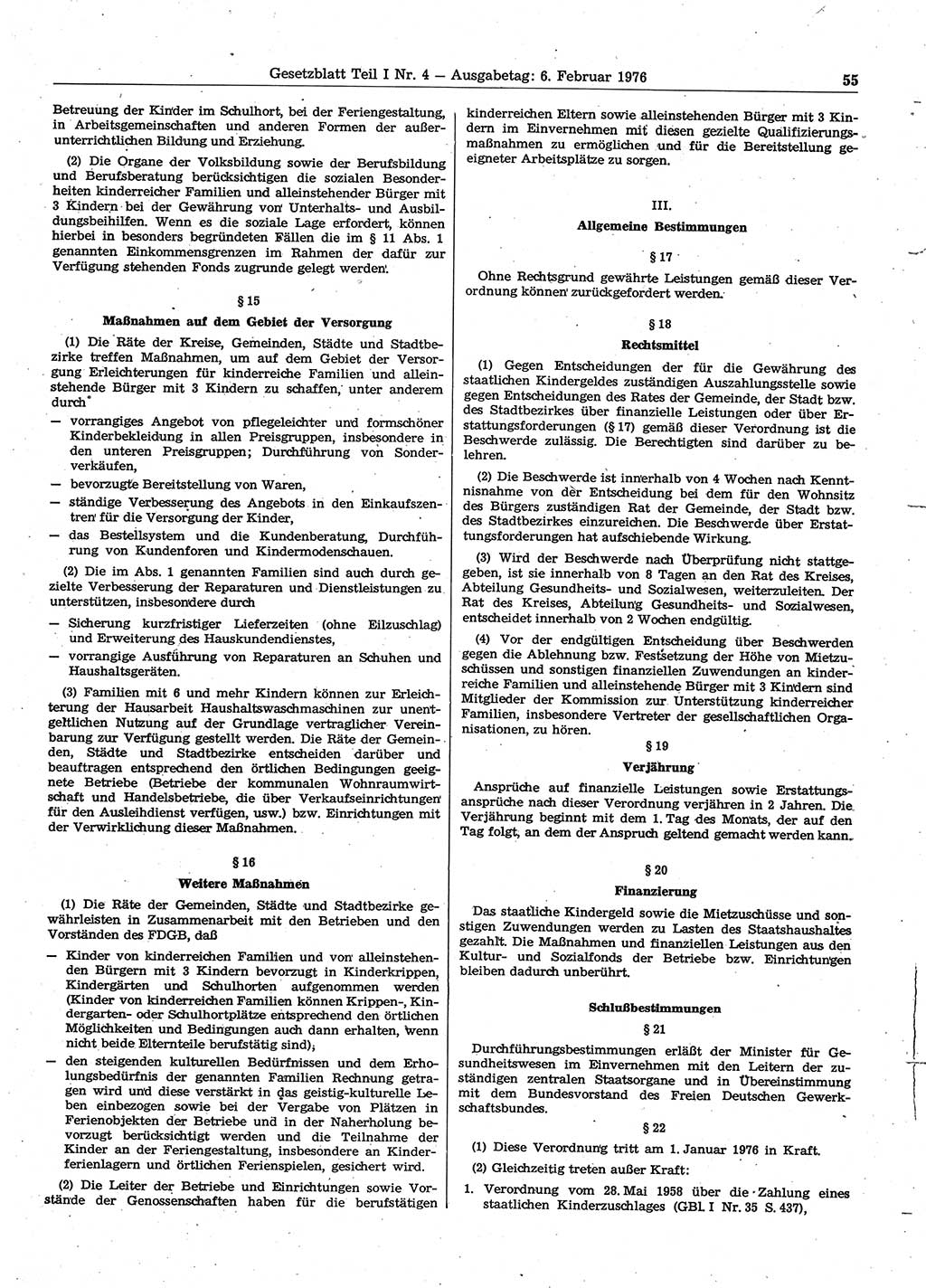 Gesetzblatt (GBl.) der Deutschen Demokratischen Republik (DDR) Teil Ⅰ 1976, Seite 55 (GBl. DDR Ⅰ 1976, S. 55)