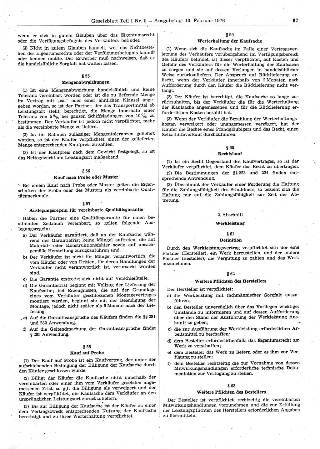 Gesetzblatt (GBl.) der Deutschen Demokratischen Republik (DDR) Teil Ⅰ 1976, Seite 67 (GBl. DDR Ⅰ 1976, S. 67)