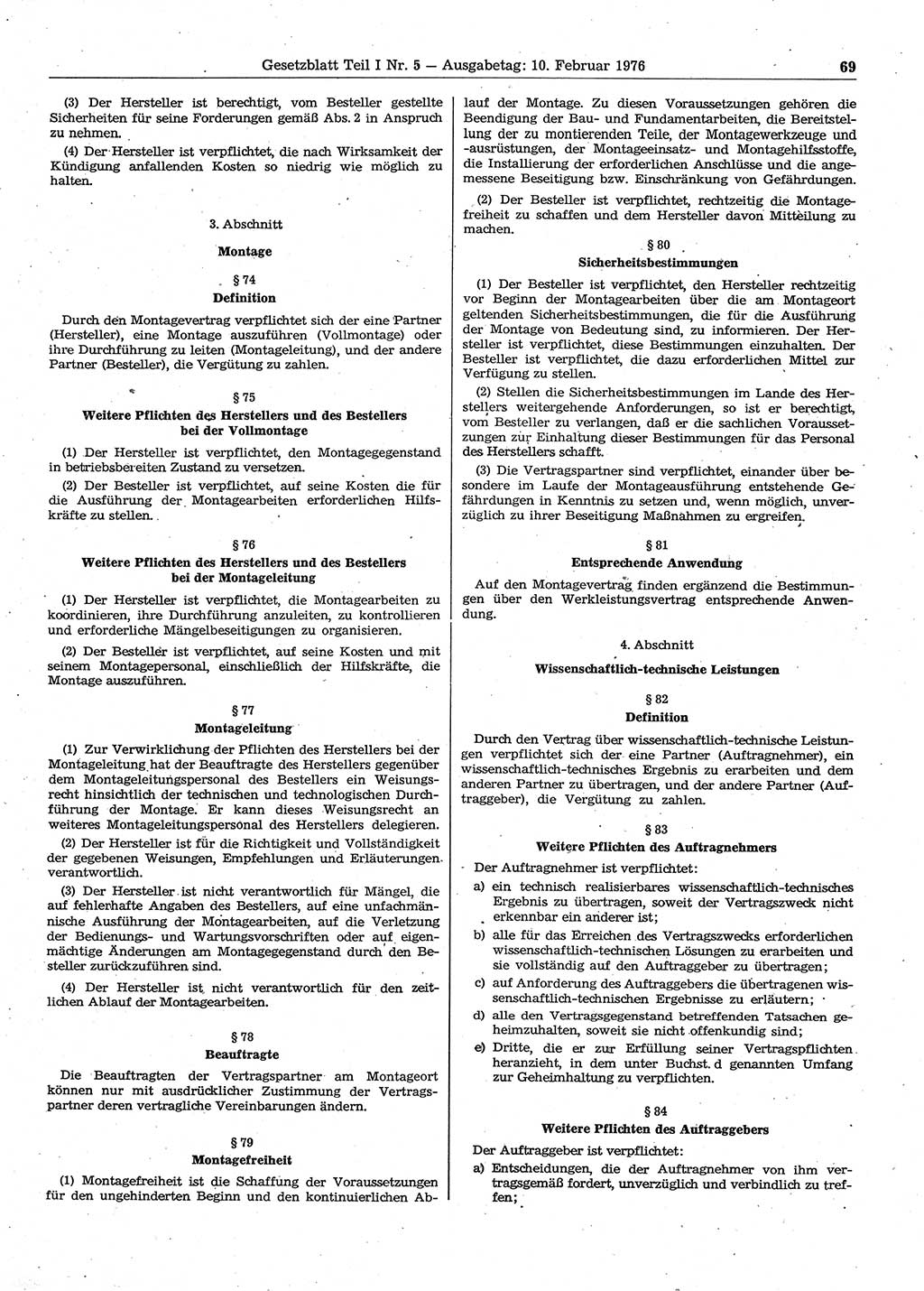 Gesetzblatt (GBl.) der Deutschen Demokratischen Republik (DDR) Teil Ⅰ 1976, Seite 69 (GBl. DDR Ⅰ 1976, S. 69)