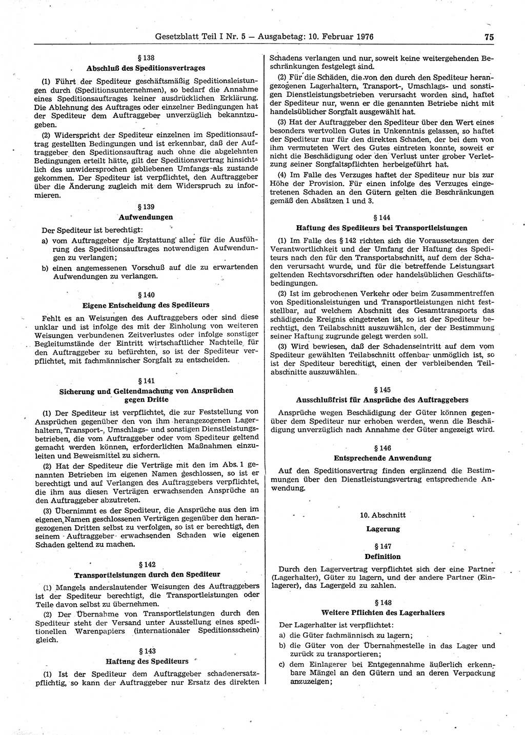 Gesetzblatt (GBl.) der Deutschen Demokratischen Republik (DDR) Teil Ⅰ 1976, Seite 75 (GBl. DDR Ⅰ 1976, S. 75)