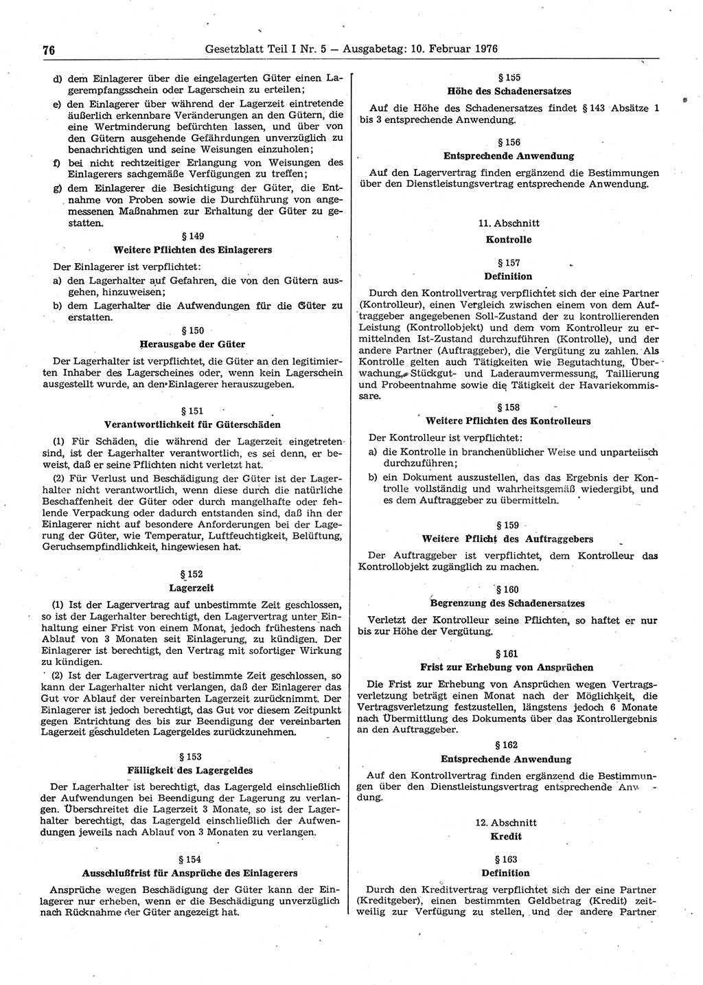 Gesetzblatt (GBl.) der Deutschen Demokratischen Republik (DDR) Teil Ⅰ 1976, Seite 76 (GBl. DDR Ⅰ 1976, S. 76)