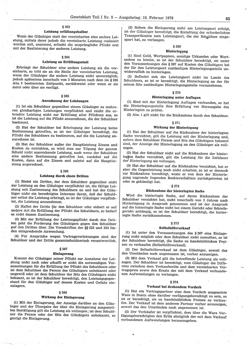 Gesetzblatt (GBl.) der Deutschen Demokratischen Republik (DDR) Teil Ⅰ 1976, Seite 85 (GBl. DDR Ⅰ 1976, S. 85)