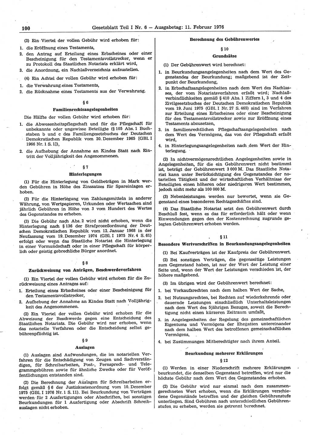 Gesetzblatt (GBl.) der Deutschen Demokratischen Republik (DDR) Teil Ⅰ 1976, Seite 100 (GBl. DDR Ⅰ 1976, S. 100)