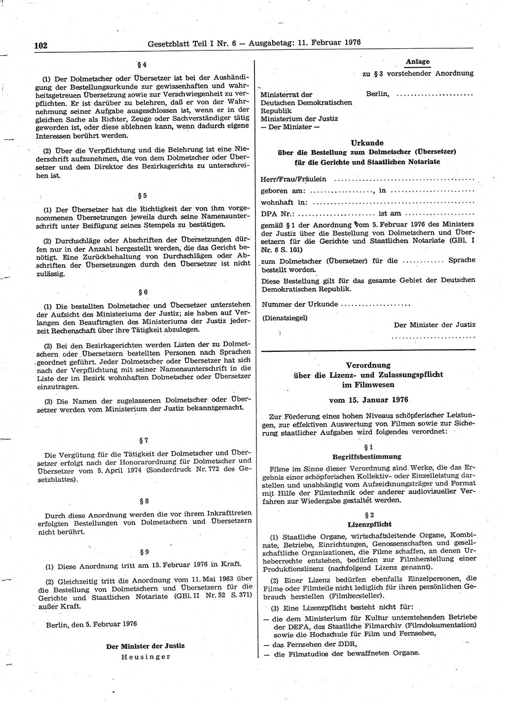 Gesetzblatt (GBl.) der Deutschen Demokratischen Republik (DDR) Teil Ⅰ 1976, Seite 102 (GBl. DDR Ⅰ 1976, S. 102)