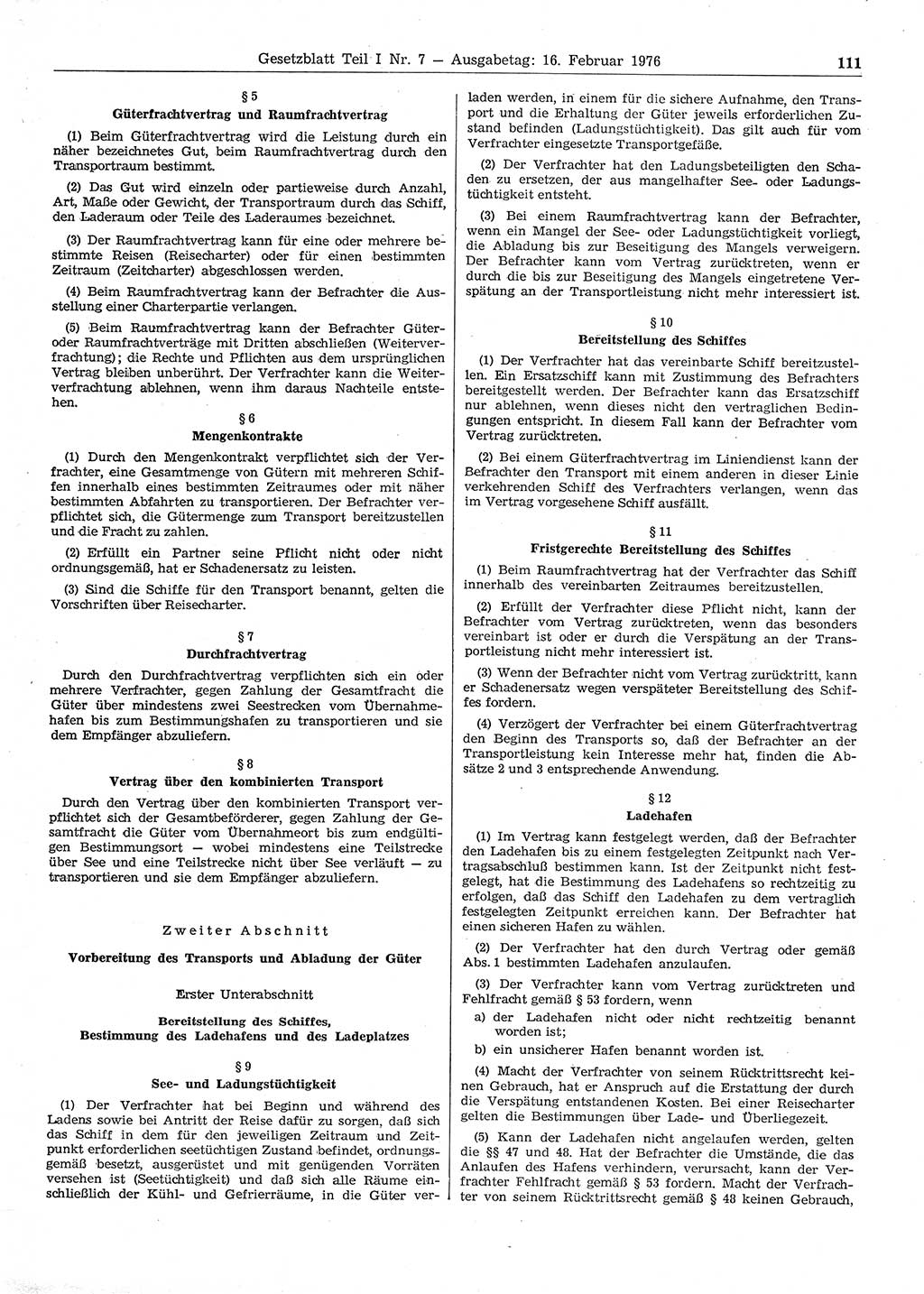 Gesetzblatt (GBl.) der Deutschen Demokratischen Republik (DDR) Teil Ⅰ 1976, Seite 111 (GBl. DDR Ⅰ 1976, S. 111)