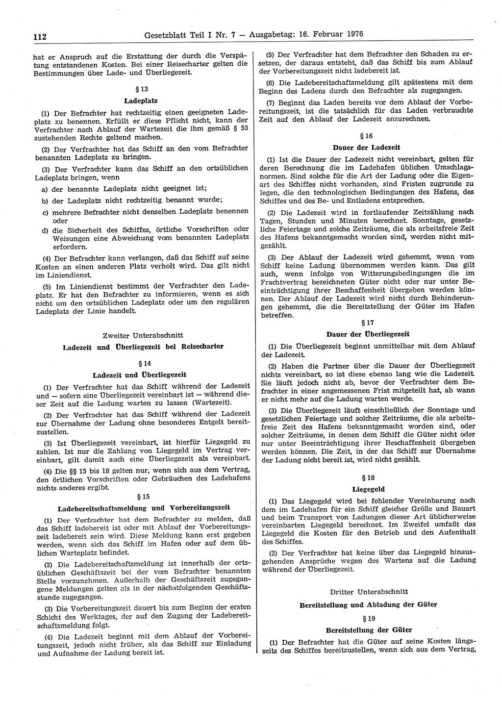 Gesetzblatt (GBl.) der Deutschen Demokratischen Republik (DDR) Teil Ⅰ 1976, Seite 112 (GBl. DDR Ⅰ 1976, S. 112)