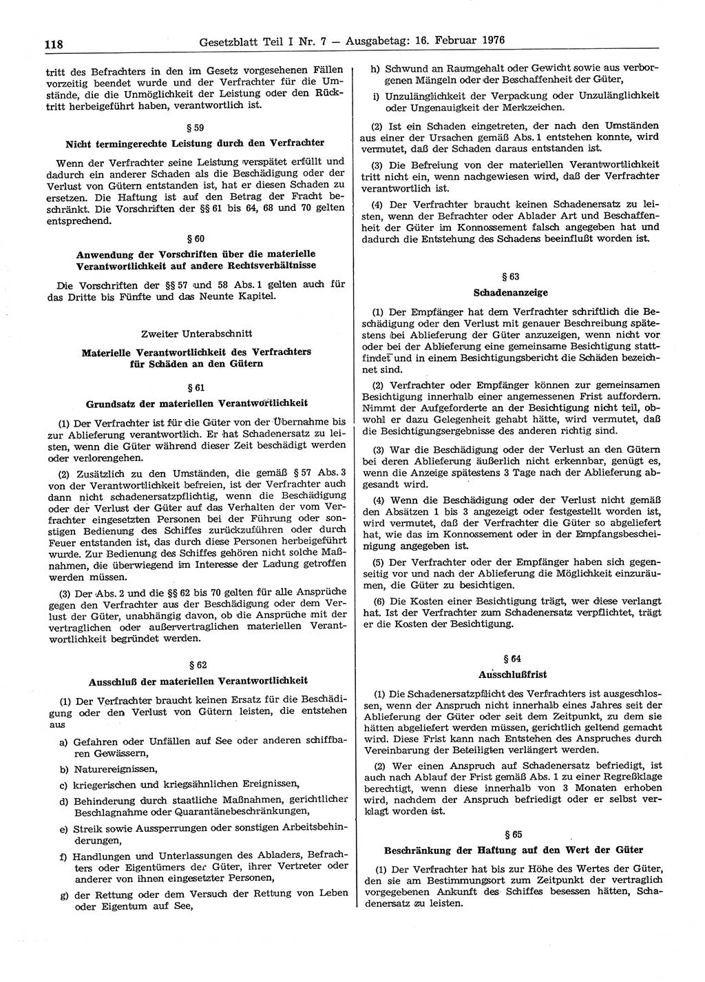 Gesetzblatt (GBl.) der Deutschen Demokratischen Republik (DDR) Teil Ⅰ 1976, Seite 118 (GBl. DDR Ⅰ 1976, S. 118)