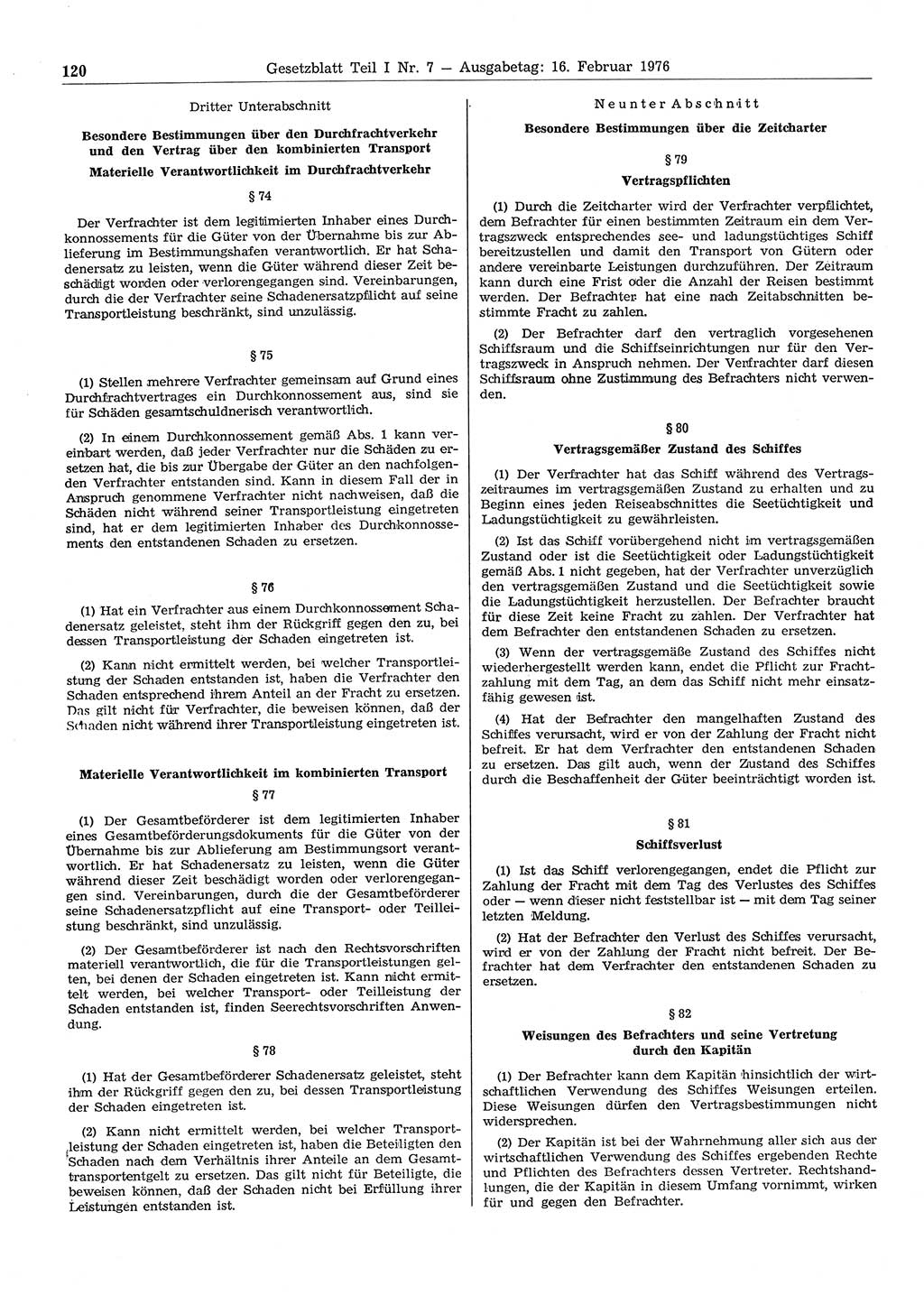 Gesetzblatt (GBl.) der Deutschen Demokratischen Republik (DDR) Teil Ⅰ 1976, Seite 120 (GBl. DDR Ⅰ 1976, S. 120)