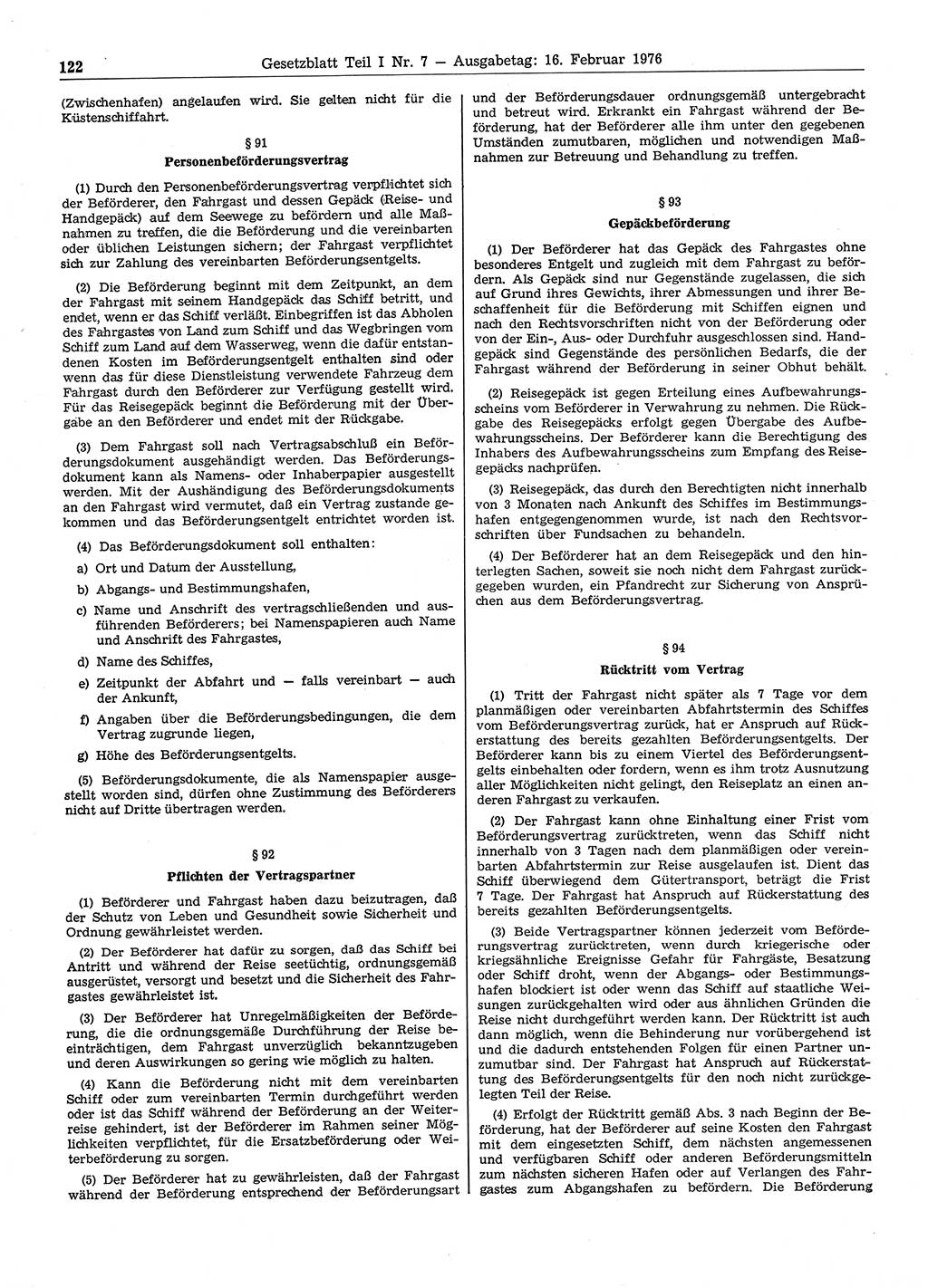 Gesetzblatt (GBl.) der Deutschen Demokratischen Republik (DDR) Teil Ⅰ 1976, Seite 122 (GBl. DDR Ⅰ 1976, S. 122)