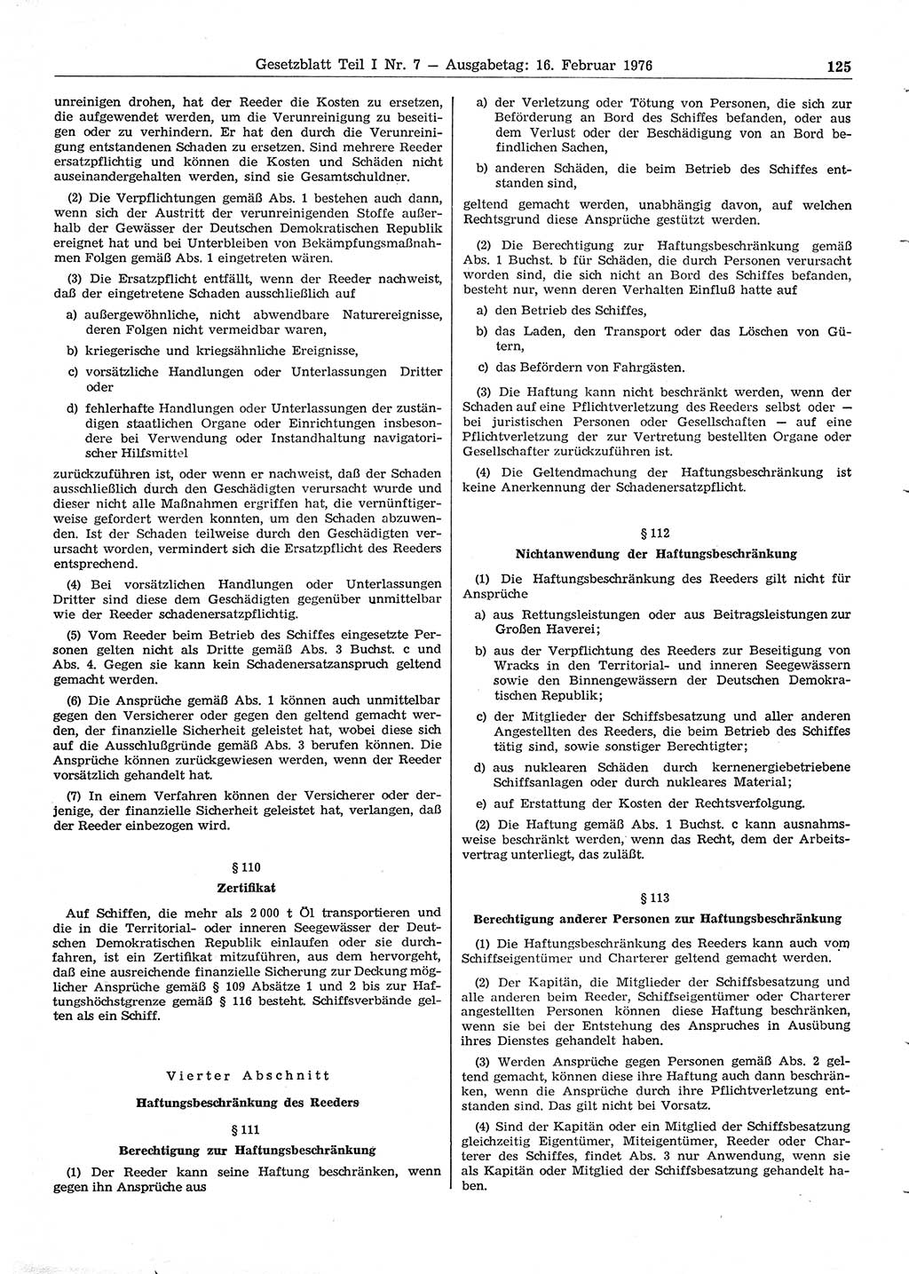 Gesetzblatt (GBl.) der Deutschen Demokratischen Republik (DDR) Teil Ⅰ 1976, Seite 125 (GBl. DDR Ⅰ 1976, S. 125)