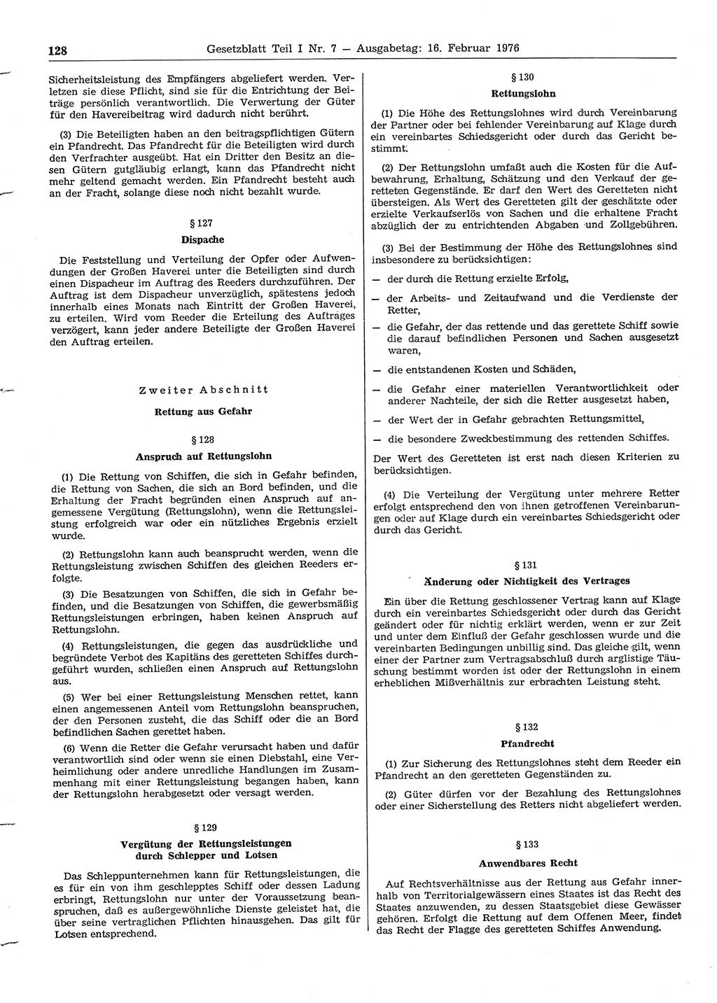 Gesetzblatt (GBl.) der Deutschen Demokratischen Republik (DDR) Teil Ⅰ 1976, Seite 128 (GBl. DDR Ⅰ 1976, S. 128)