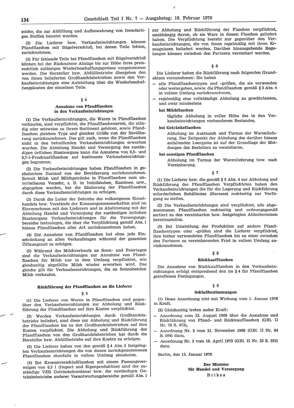 Gesetzblatt (GBl.) der Deutschen Demokratischen Republik (DDR) Teil Ⅰ 1976, Seite 134 (GBl. DDR Ⅰ 1976, S. 134)