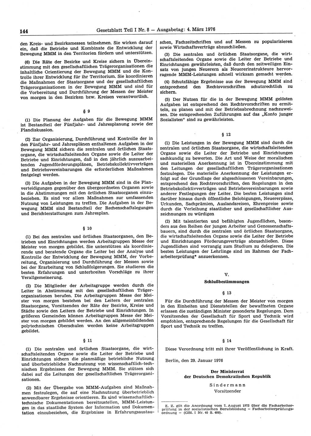 Gesetzblatt (GBl.) der Deutschen Demokratischen Republik (DDR) Teil Ⅰ 1976, Seite 144 (GBl. DDR Ⅰ 1976, S. 144)