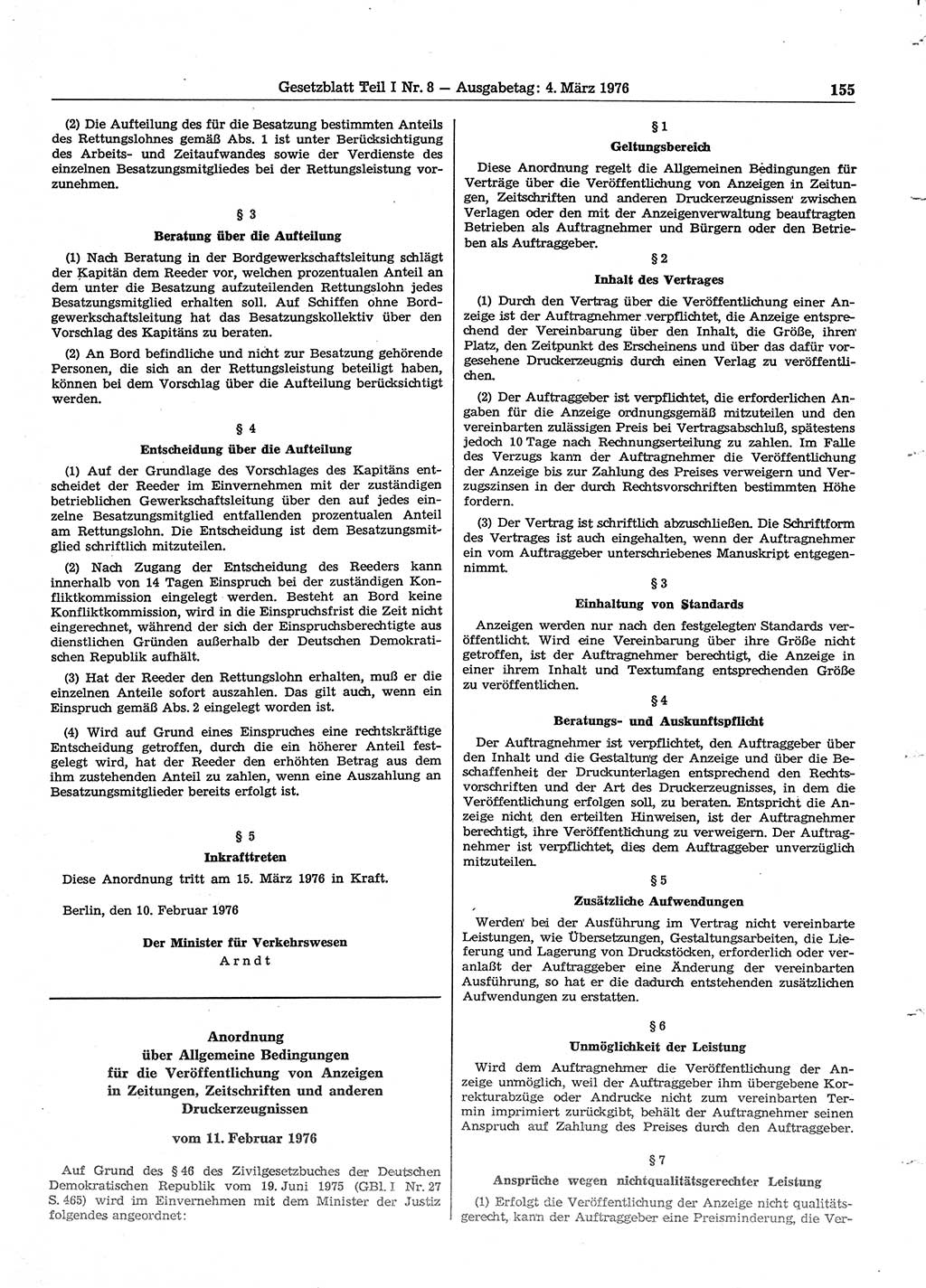 Gesetzblatt (GBl.) der Deutschen Demokratischen Republik (DDR) Teil Ⅰ 1976, Seite 155 (GBl. DDR Ⅰ 1976, S. 155)