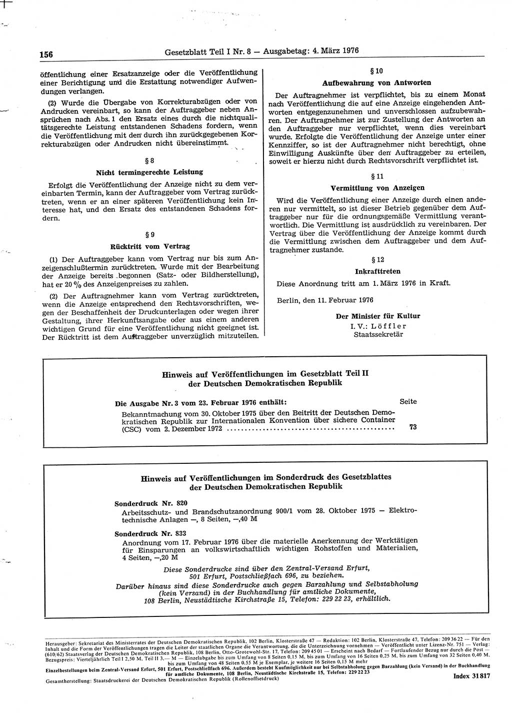 Gesetzblatt (GBl.) der Deutschen Demokratischen Republik (DDR) Teil Ⅰ 1976, Seite 156 (GBl. DDR Ⅰ 1976, S. 156)