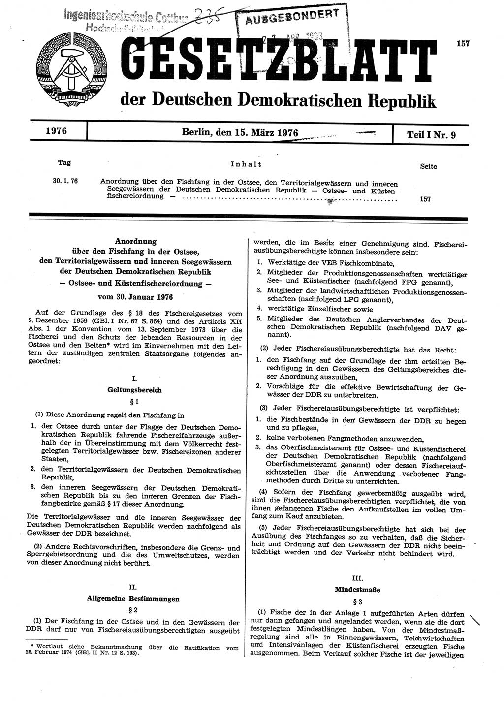 Gesetzblatt (GBl.) der Deutschen Demokratischen Republik (DDR) Teil Ⅰ 1976, Seite 157 (GBl. DDR Ⅰ 1976, S. 157)
