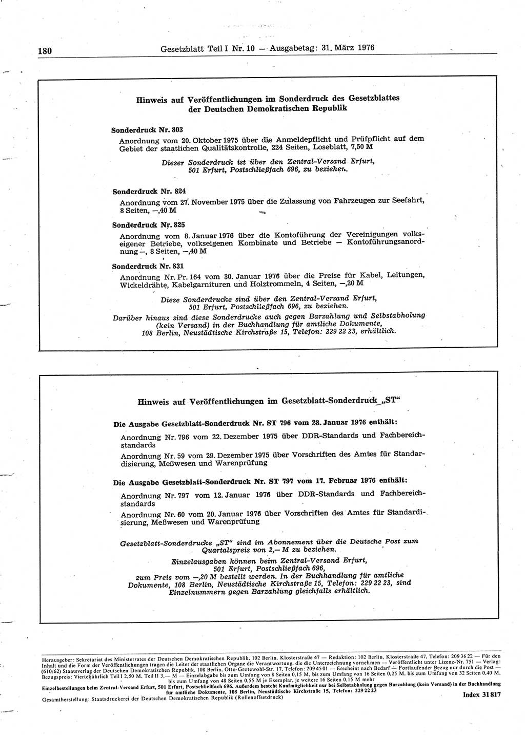 Gesetzblatt (GBl.) der Deutschen Demokratischen Republik (DDR) Teil Ⅰ 1976, Seite 180 (GBl. DDR Ⅰ 1976, S. 180)