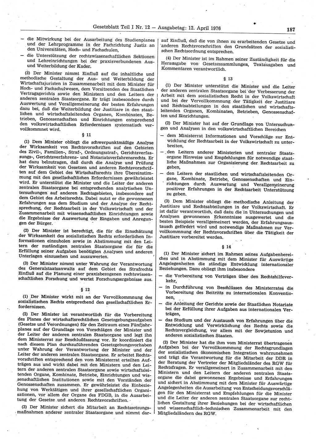 Gesetzblatt (GBl.) der Deutschen Demokratischen Republik (DDR) Teil Ⅰ 1976, Seite 187 (GBl. DDR Ⅰ 1976, S. 187)