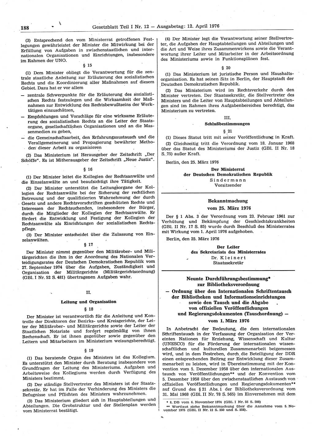 Gesetzblatt (GBl.) der Deutschen Demokratischen Republik (DDR) Teil Ⅰ 1976, Seite 188 (GBl. DDR Ⅰ 1976, S. 188)