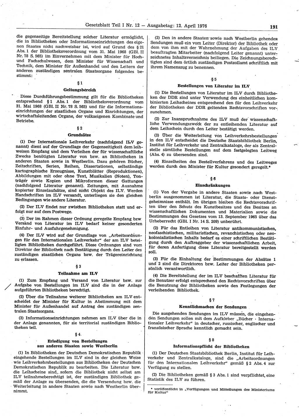 Gesetzblatt (GBl.) der Deutschen Demokratischen Republik (DDR) Teil Ⅰ 1976, Seite 191 (GBl. DDR Ⅰ 1976, S. 191)